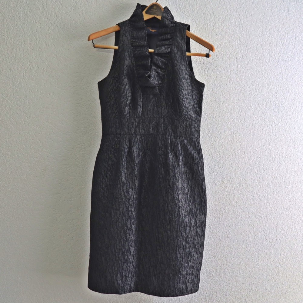 Just…Taylor Black & Silver Metallic Ruffle Neck Fitted Cocktail Dress LBD - 4